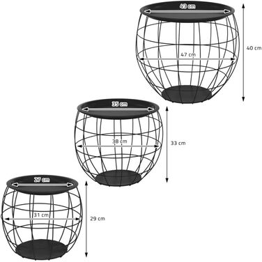 Набір журнальних столиків ML-Design з 3 круглих, чорних, металевих кошиків журнальний столик 3 розміри Ø31см/Ø38см/Ø47см, метал, знімна стільниця, місце для зберігання, 3 шт. Столи для вітальні, диванні столики, журнальні столики, гніздові столи