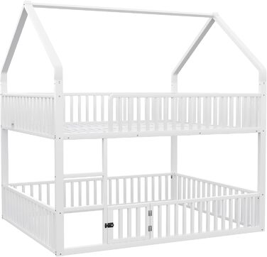 Двоярусне ліжко 140x200 для 2 дітей з лесенкою та бар'єром, металеве, з ламелями (біле)