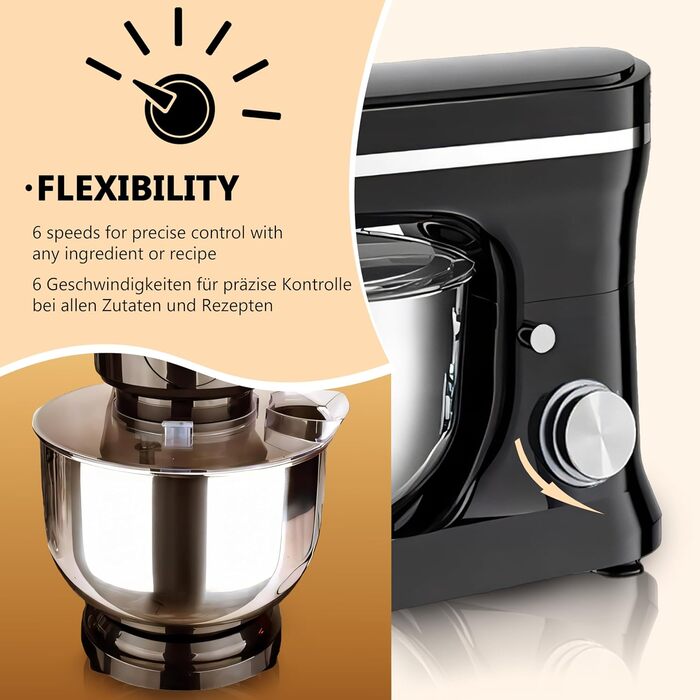 Кухонна машина Retoo 3-в-1 з нержавіючою чашею 6 л, 2000 Вт, 6 швидкостей, планетарний міксер, вінчик, гак для тіста, захист від бризок