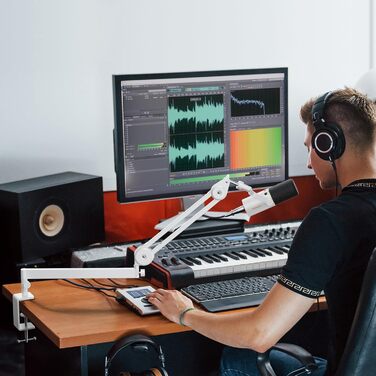 Мікрофонна стійка TONOR T40LP низькопрофільна, біла, з прихованими пружинами, 37+37 см для геймінгу, подкастів, запису звуку