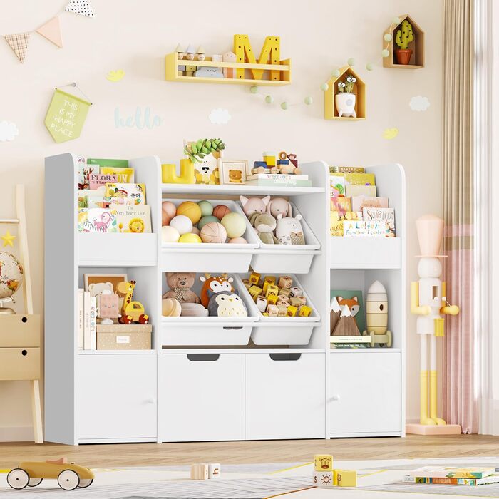 FOREHILL Дитяча полиця для іграшок та книжок, меблі для дитячої кімнати, полиця для дитячої з 2 ящиками на колесах, шафка для дитячих речей з 4 ящиками, 126x30x104 см (Білий/Рожевий)