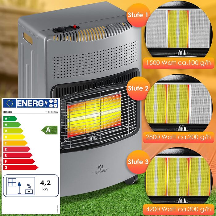 Газовий обігрівач KESSER® 4200W з керамічним нагрівачем, газовий опалювач, інфрачервовий нагрівач, для будинку та на вулицю, сумісний з бутаном/пропаном (до 15кг), сірий, з регулятором тиску, шлангом та захисним кожухом