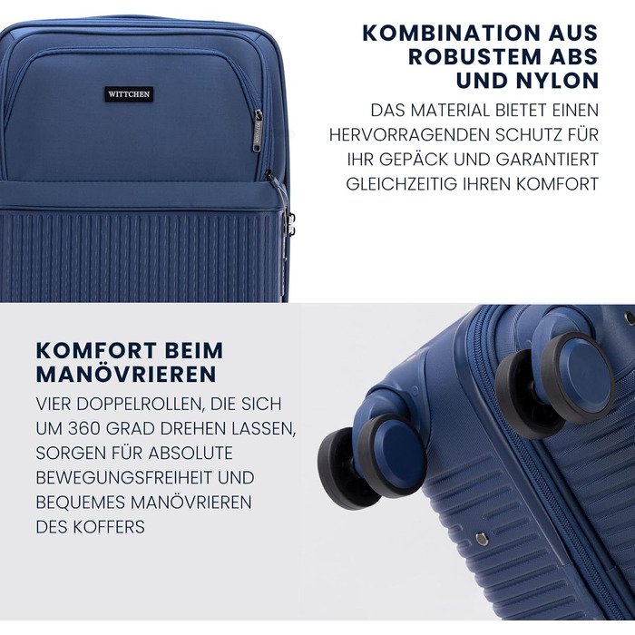 Набір валізWITTCHEN AXIS 3 шт. | Ручна та велика валіза | Гібрид ABS Nylon з TSA замком, телескопічною ручкою та 360° колесами | (Темно-синій, 55 x 37 x 21,5 см)