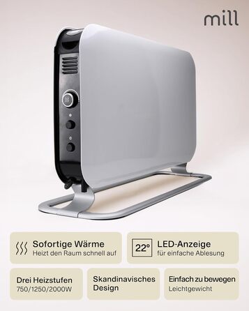 Електричний конвекторний обігрівач Mill 2200W - для кімнат 24-28 м², з таймером, білий