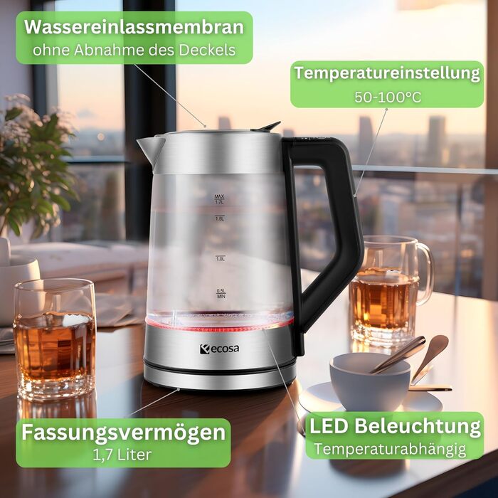 Електричний чайник-заварник зі скла та нержавіючої сталі, 1.7 л, 2200 Вт, з регулюванням температури, з підсвічуванням, BPA Free