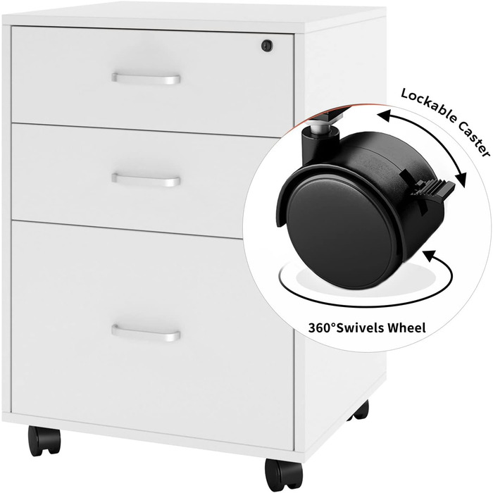Шафа для документів SDHYL з 3 висувними ящиками на колесах, верхній ящик з замком, великий об'єм, для дому та офісу (Біланко)