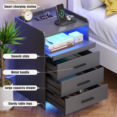 Нічний столик FREDEES з LED-підсвічуванням, ящиком та зарядкою, сірий (2 шт.)