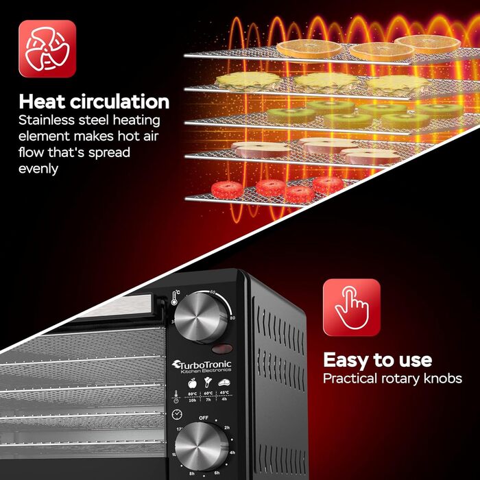 TurboWave BIO сушарка для продуктів, 14 л, металева, 5 ящиків, 30-80°C, таймер, рецепти