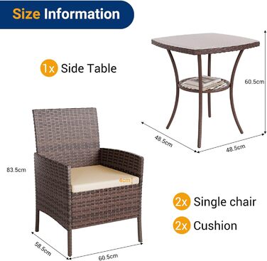 Набір меблів для саду UDPATIO Lounge: стіл та 2 стільці з поліротангу для балкона/тераси (колір: коричневий, 3-х частинний)