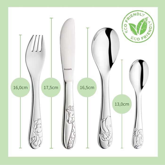 Дитячий набір столових приборів Kuppels з гравіюванням імені – набір столових приборів для дітей від 3 років, 4 шт., нержавіюча сталь, придатний для миття в посудомийній машині – персоналізований хрестильний подарунок для дівчаток та хлопчиків (з зображен