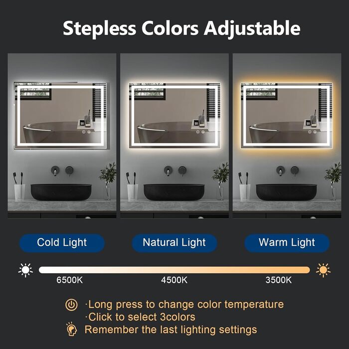 Дзеркало для ванної кімнати Youyijia з підсвічуванням, 70x50 см, антизапітніюче, сенсорне керування, 3 кольори світла, регулювання яскравості