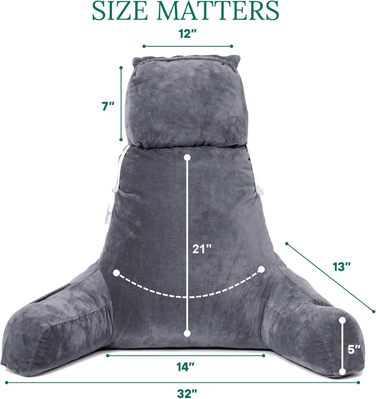 Storrejoy Велике подушко-крісло для читання - спинка для сидіння в ліжку з підлокітниками, знімною подушкою для голови, з піною з пам'яті, тримачем для книги/планшета, кишенями для зберігання та отвором для ручки (Антрацит) Темно-сірий