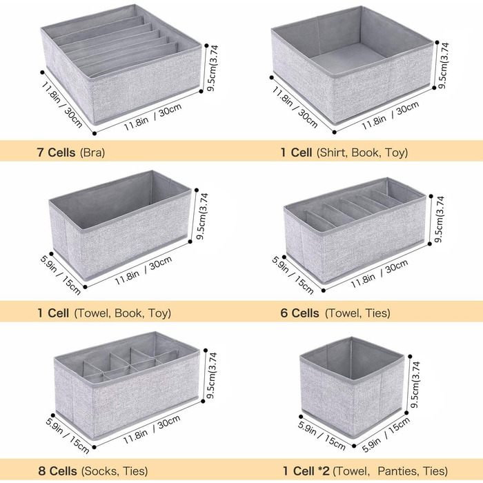 Ящики для зберігання DIMJ, ящики-органайзери для шкарпеток, нижньої білизни, складаний тканинні ящики для зберігання шаф, столів, ящиків Система впорядкування (7 шт., сіра мелірована обробка)