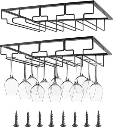 Тримач для винних келихів підвісний 4 ряди чорний з гвинтами, металевий тримач для склянки для шафи, 2 шт.