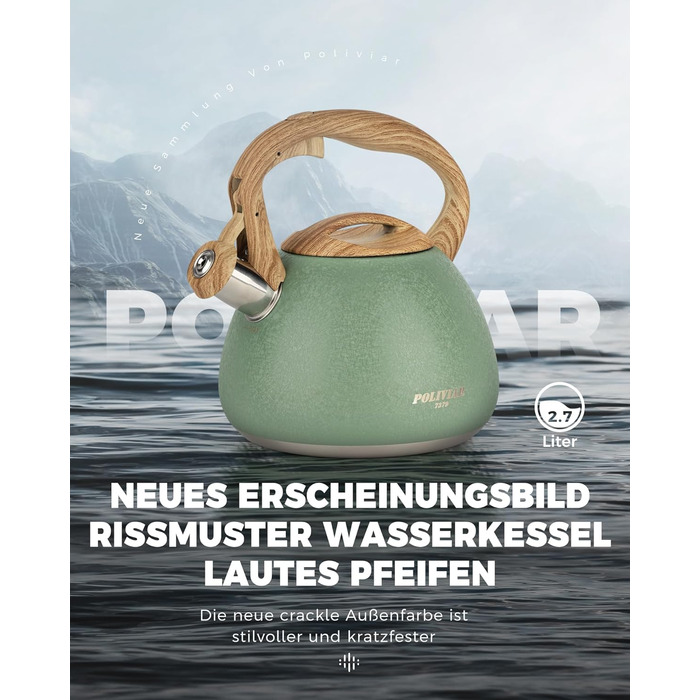 Чайник для води Poliviar, індукційний і газовий, 2,7 л, чайник-флейта з дерев'яною ручкою, зелений малюнок тріщини