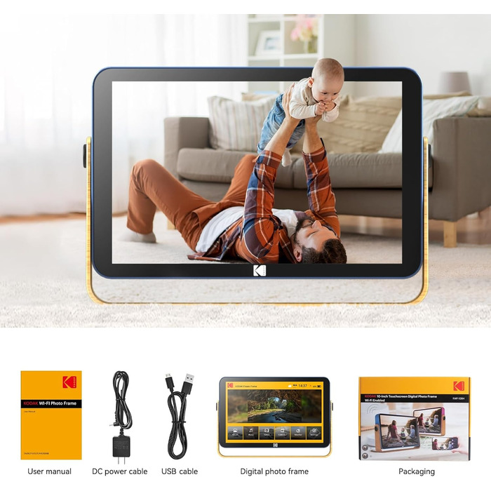 Цифровий фоторамка Kodak з акумулятором, Wi-Fi, 10 дюймів, 32 ГБ, сенсорний HD IPS екран, фото/відео/музика, Bluetooth, керування через додаток, блакитний