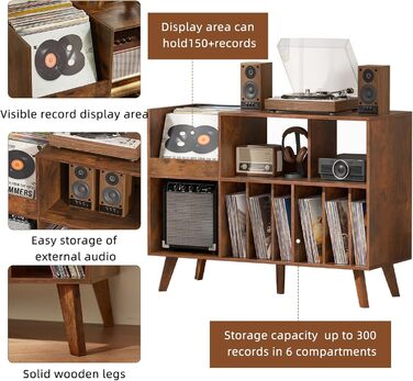 Стійка для платівок з полицями на 450 альбомів, коричнева. Підставка для вінілових платівок для музичної кімнати або вітальні