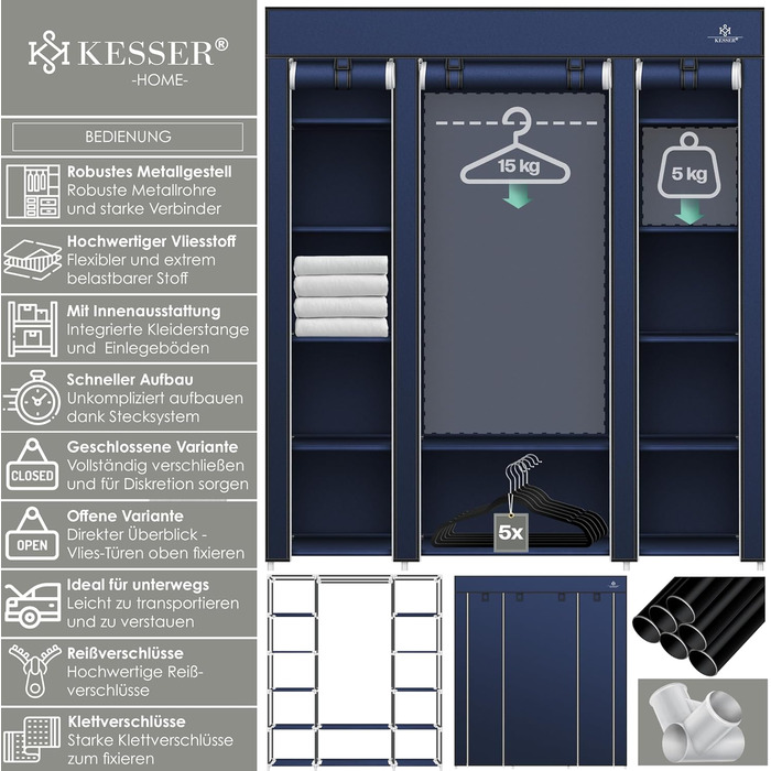 Тканинна шафа KESSER з штангою для одягу, полицями та 5 вішалками, 150x45x175см темно-синій