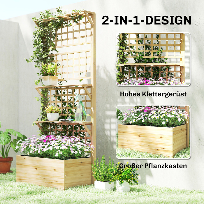 Підвищене грядка з шпалером для ліан та навісним дахом, дерев'яний ящик для квітів з 2 полицями та дренажними отворами, 76 x 43,5 x 177 см