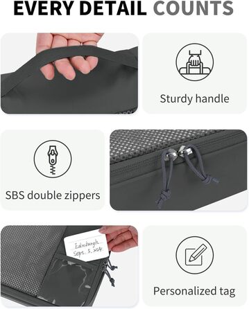 Набір органайзерів для валізи ECOHUB, 6 предметів, дорожні компресійні сумки з ID-тегами з перероблених матеріалів, дихаючі органайзери для подорожей та рюкзака, темно-сірі