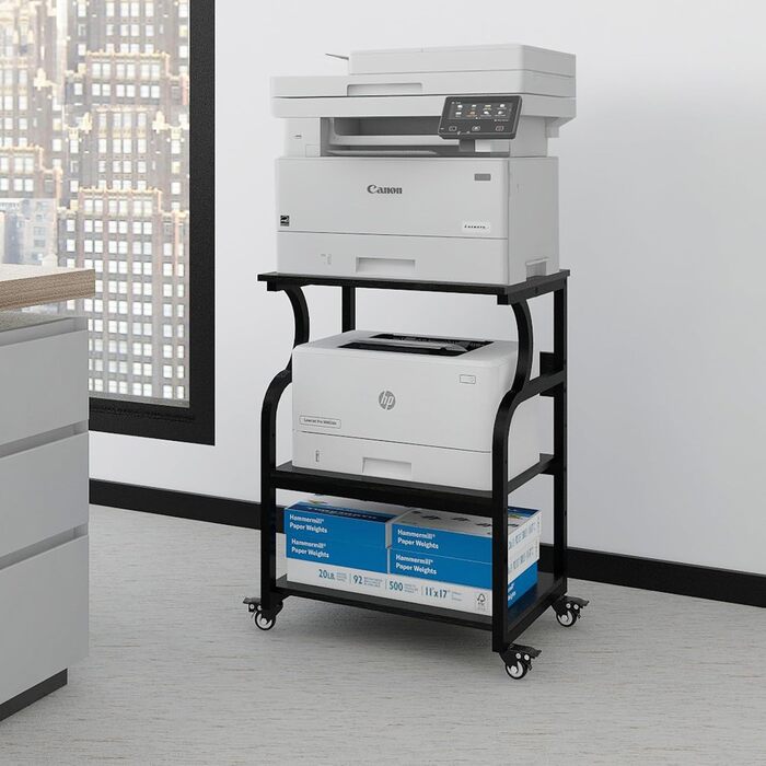 Регульований стіл для принтера PUNCIA з 3 полицями, з роликами, мобільний візок для принтера з дерева та металу, чорний (60 x 50 см)