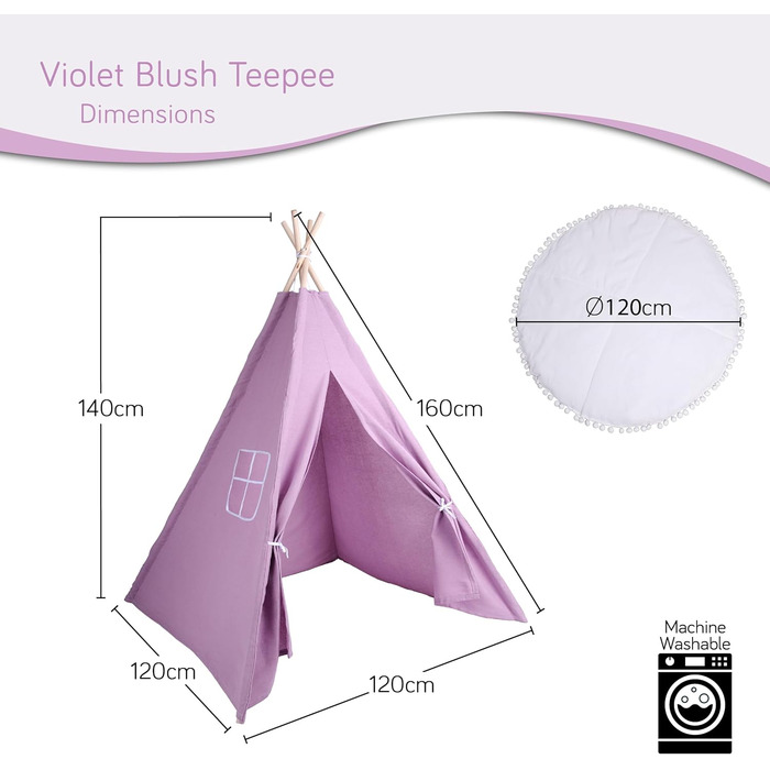 Дитячий намет-тіпі у фіолетовому кольорі | Ігровий намет-тіпі для дівчаток та хлопчиків, 140 x 120 см, бавовняний тканний матеріал зі зірочками та килимком