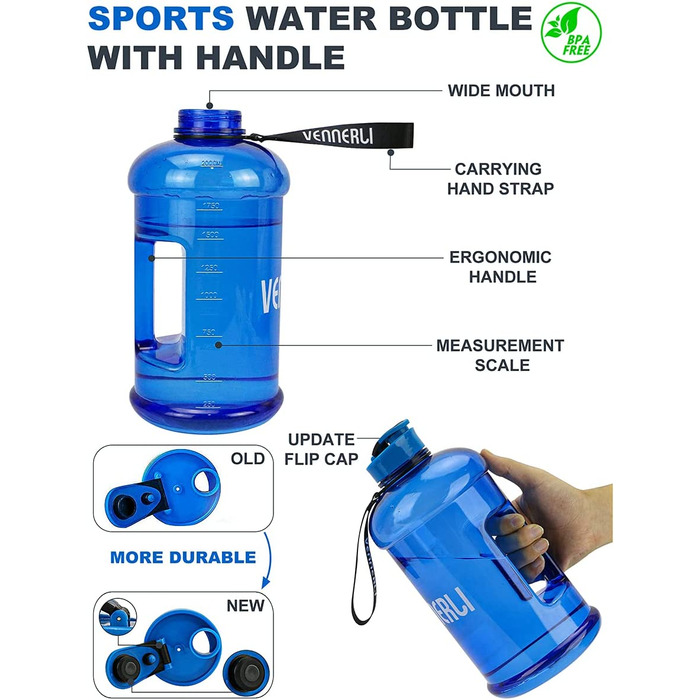 Пляшка для пиття VENNERLI об'ємом 2,2 л, спортивна пляшка для тренажерного залу, без BPA, для фітнесу, для тренувань, велика пластикова пляшка для води, спортивна пляшка з ручкою, для фітнесу, герметична ідеально підходить для занять спортом, тренажерного