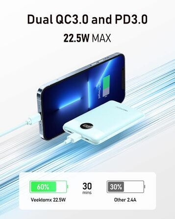 Зовнішній акумулятор Power Bank 10000mAh VEEKTOMX 22.5W Mini PD3.0 QC3.0 USB C для iPhone/Samsung тощо (синій)