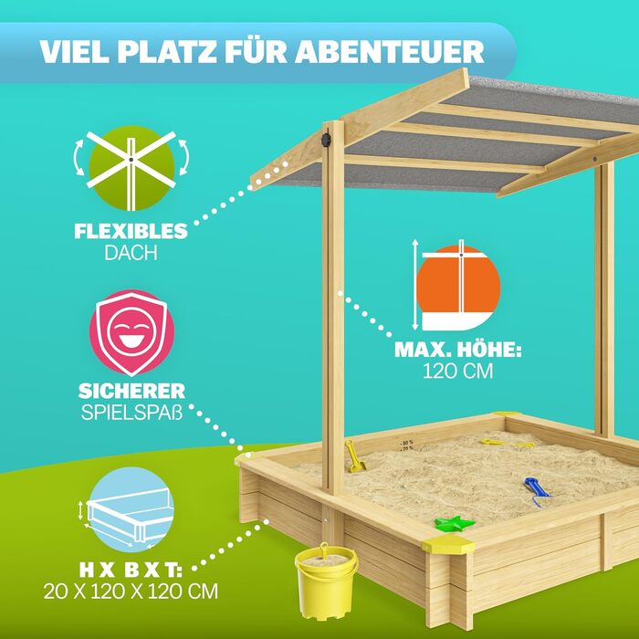 Пісочниця Spielwerk Samu з дахом від сонця 120x120 см, натуральне дерево, захист країв, UV 50, з рівнем наповнення, для дітей