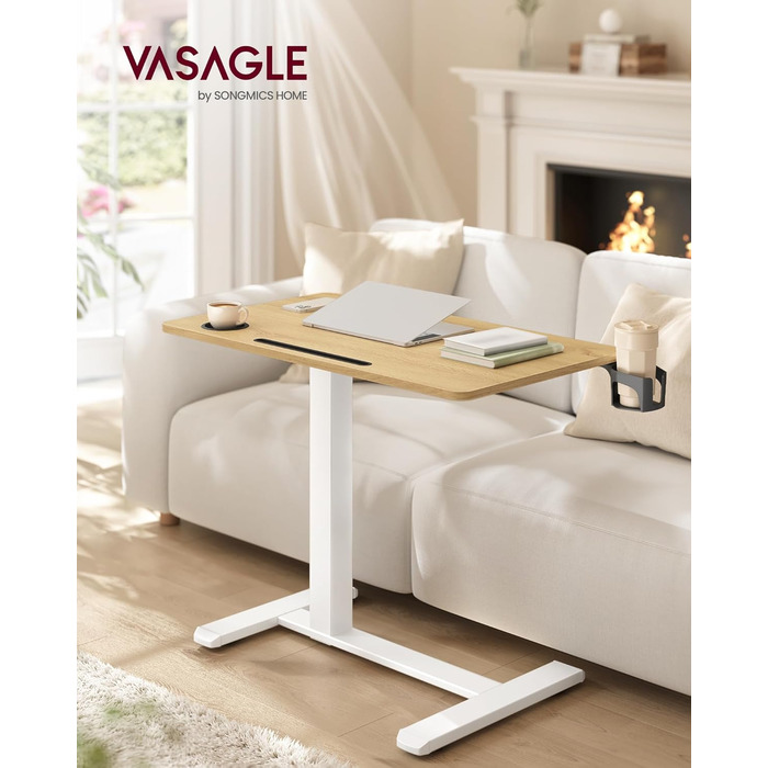 Приставний столик VASAGLE на колесах, мобільний, з великою стільницею, регульована висота, 2 тримачі для напоїв, слот для телефону/планшету, LSD600W01 (80x45 см, горіх золотистий)