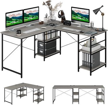 Письмовий стіл L-подібної форми, Двосторонній кутовий стіл з 4 полицями, Кутовий стіл з 3 отворами для кабелю, Ігровий комп'ютерний стіл Стіл для домашнього офісу, 151 x 151 x 75 см (Сірий) Сірий 242 x 60 x 75 см