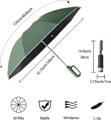 Парасолька для гольфу перевернута зворотна 10 ребер, автомат, ручка карабіна, захист від ультрафіолету, відбивачі, 124 см