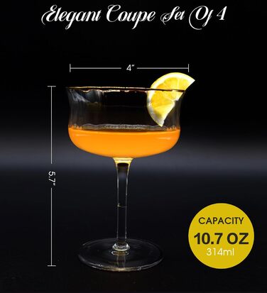 Набір келихів Yaschmo Coupe Art Deco (4 шт.) з кришталю, без свинцю, з золотим обідком. Ідеально для коктейлів, шампанського, барів, вечірок та подарунків.