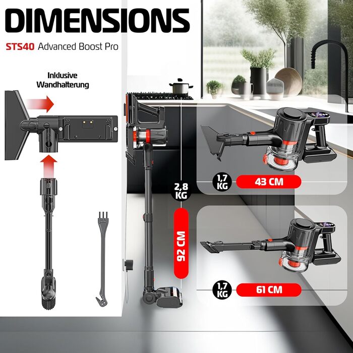 Бездротовий акумуляторний пилосос KESSER® з LED дисплеєм та аромакапсулою | Бездротовий пилосос без мішка з антизаплутаною насадкою, HEPA-фільтром, час роботи до 60 хвилин, для твердих поверхонь та килимів, чорний/червоний