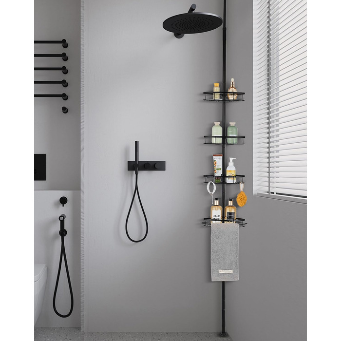 Душова полиця з регулюванням висоти, полиця для ванної кімнати, 73-266 см, з 4 рівнями, для ванни та ванної кімнати, чорна