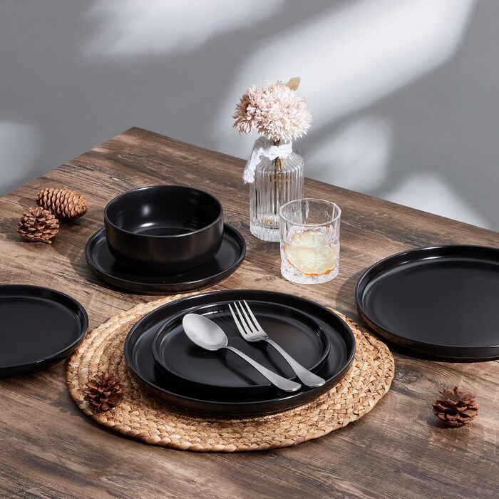 Набір посуду Joyfair на 6 осіб, 18 предметів, кераміка, чорний (Abyssal Schwarz). Тарілки обідні, десертні, миски для сніданку. Стійкий до подряпин, для мікрохвильовки та посудомийної машини