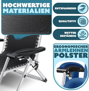 Шезлонг KESSER® для саду, широке крісло, водостійкий, вантажопідйомність 200 кг, ергономічна подушка, регульована спинка, підголовник, тримач для напоїв, підлокітники та бічна кишеня (без сонцезахисного даху), колір: темно-синій