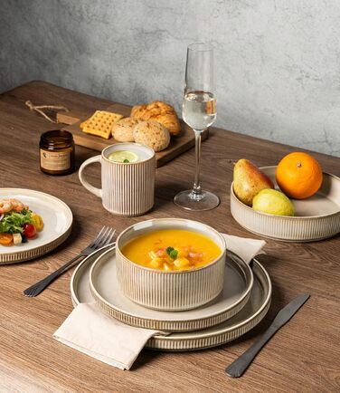 Набір посуду GBhome з каменю, 12 предметів, для 4 осіб, ручна робота, з реактивною глазур'ю, безпечний для мікрохвильової печі та посудомийної машини (Cappuccino, 6 чашок)