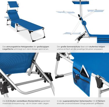 Шезлонг Tectake з дахом, шезлонг для балкона з алюмінію, складаний садовий шезлонг, стійкий до погодних умов, лежак для саду, кемпінгу та пляжу, регульована спинка, подушка для голови, бічна кишеня - сірий меланж (блакитний)