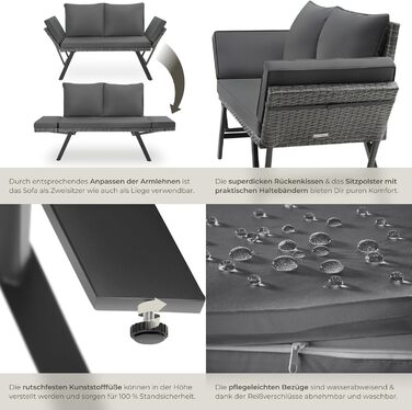 Садовий диван-шезлонг Tectake з ротангу, сірий - вуличні меблі для відпочинку з функцією сну та відкидними підлокітниками