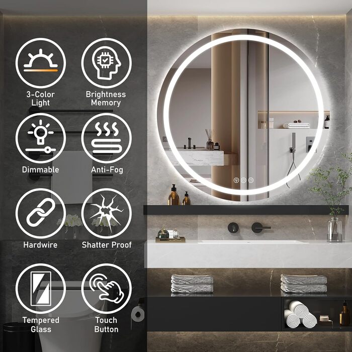 Дзеркало для ванної кімнати з підсвічуванням, 60 см, кругле, з антизапарюючим покриттям, регульоване, 3 кольори світла (80x80 см)