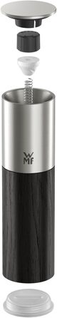 Мельниця для спецій WMF Nature Pro: сіль та перець, керамічний млин, регулювання помелу, арома-кришка, нержавіюча сталь та дерево, чорний колір