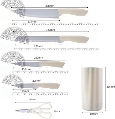 Набір кухонних ножів 7 шт. з бруском, Messerblock, з нержавіючої сталі, для кухні, нарізки м'яса та овочів (Бежевий)