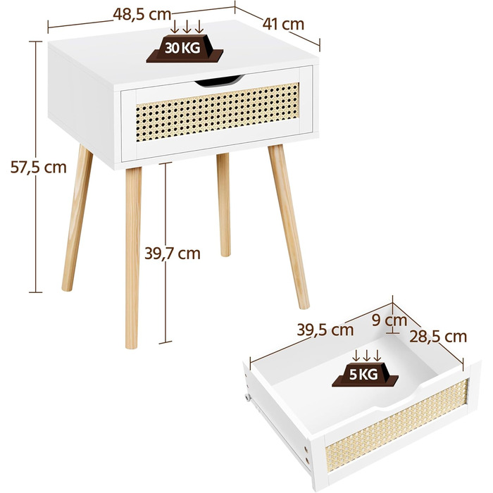 Набір Yaheetech з 2 тумбочок з ящиком і дерев'яними ніжками, 48,5 х 41 х 57,5 см (Білий, Сільський Сільський)
