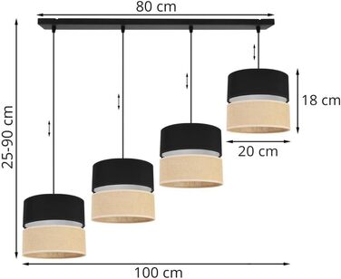 Підвісний світильник Light-Home Juta - Стельовий світильник - Металевий підвісний світильник з тканинним абажуром - E27 - Класичний 3-світловий 20 см - Чорний п'єдестал - (Джут чорний, чорна основа - 4-полум'я)