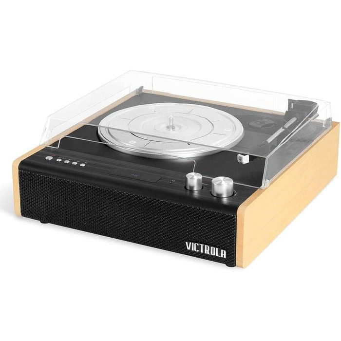 Вініловий програвач Victrola з Bluetooth 5.1, вбудованими динаміками, технологією Vinyl-Stream, ретро-дизайном, трьома швидкостями та головкою Audio Technica AT-3600LA, бамбук