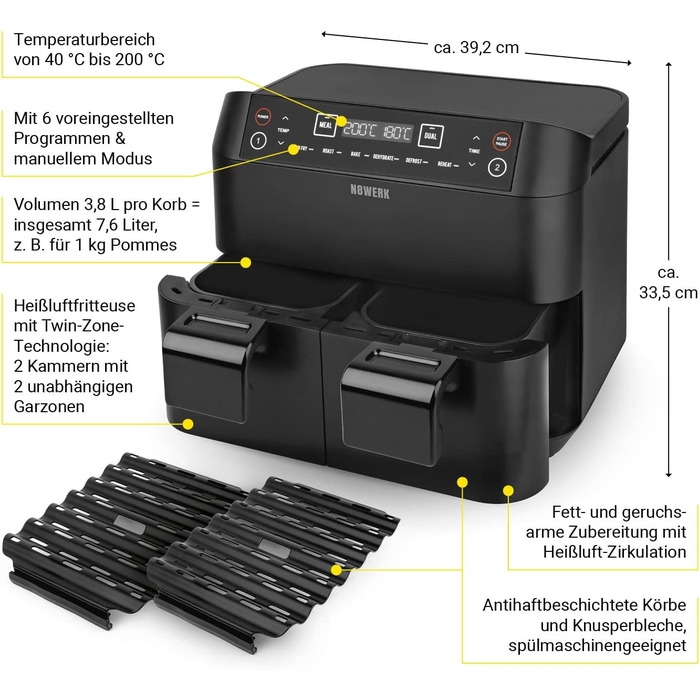 Двокамерна фритюрниця біла з 2 окремими конфорками 6 Програми та ручний режим 7.6 Загальний обсяг зі світлодіодним сенсорним дисплеєм Препарат без запаху та жиру 2400 Вт (7,6 л, темно-чорний), 8WERK