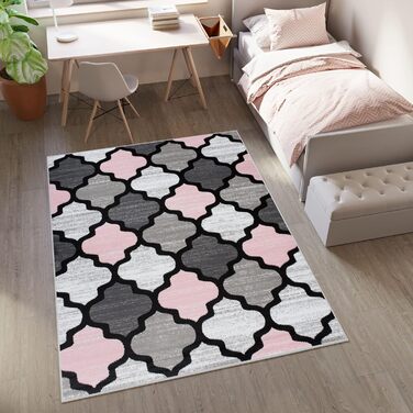 Дитячий килимок TAPISO Pinky з низьким ворсом, білий пастель, геометричний, KOTEX, 160x220 см, сірий рожевий