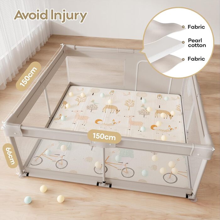 Ляльковий будиночок для дитини з ігровим килимком, 150x150x68 см, великий, з дихаючим мережаним огородженням та фіксаторами