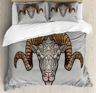 Набір підковдр ABAKUHAUS Zodiac Aries King Size, Ram Horn, Cuddly Form Високоякісна підковдра з 3 предметів з 2 наволочками, 264 x 220 см - 90 x 50 см, блідо-сірий і світло-коричневий